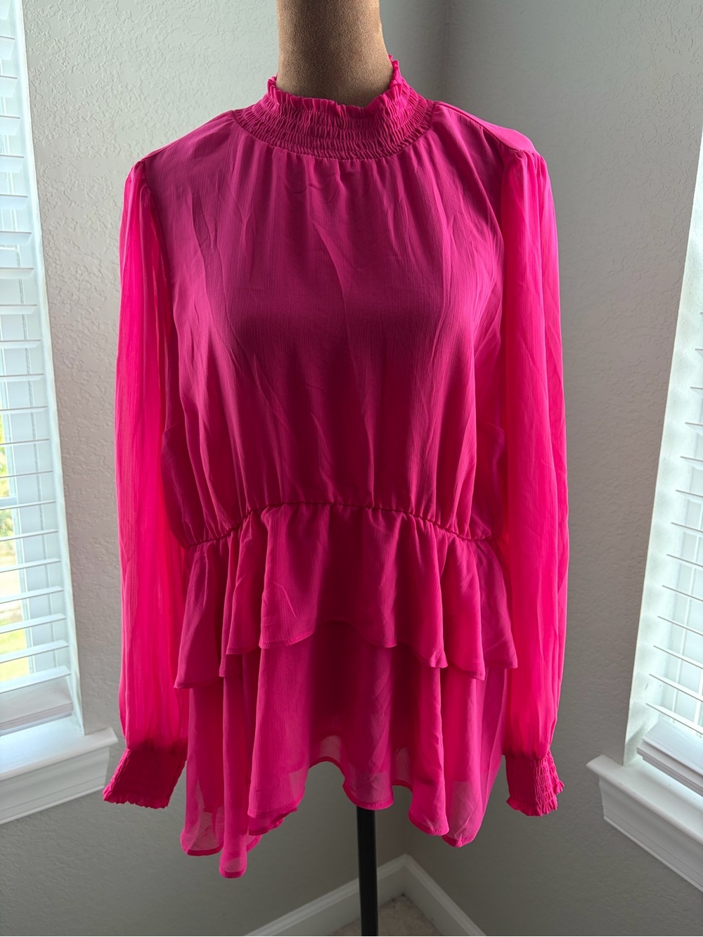 Pink Ruffled Long-Sleeve Peplum Blouse